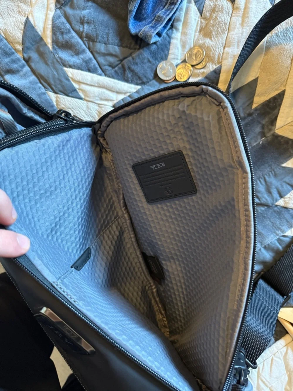 Tumi Black Travel Organizer with Metal and Leather Monogram Plate.